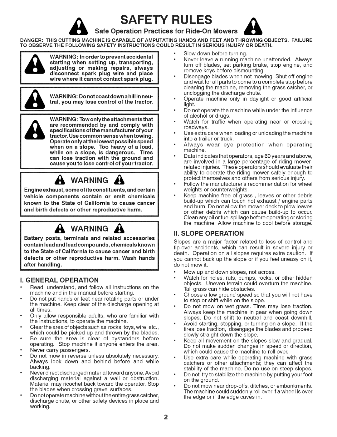 Husqvarna 240440 owner manual Safe Operation Practices for Ride=On Mowers, General Operation, II. Slope Operation 