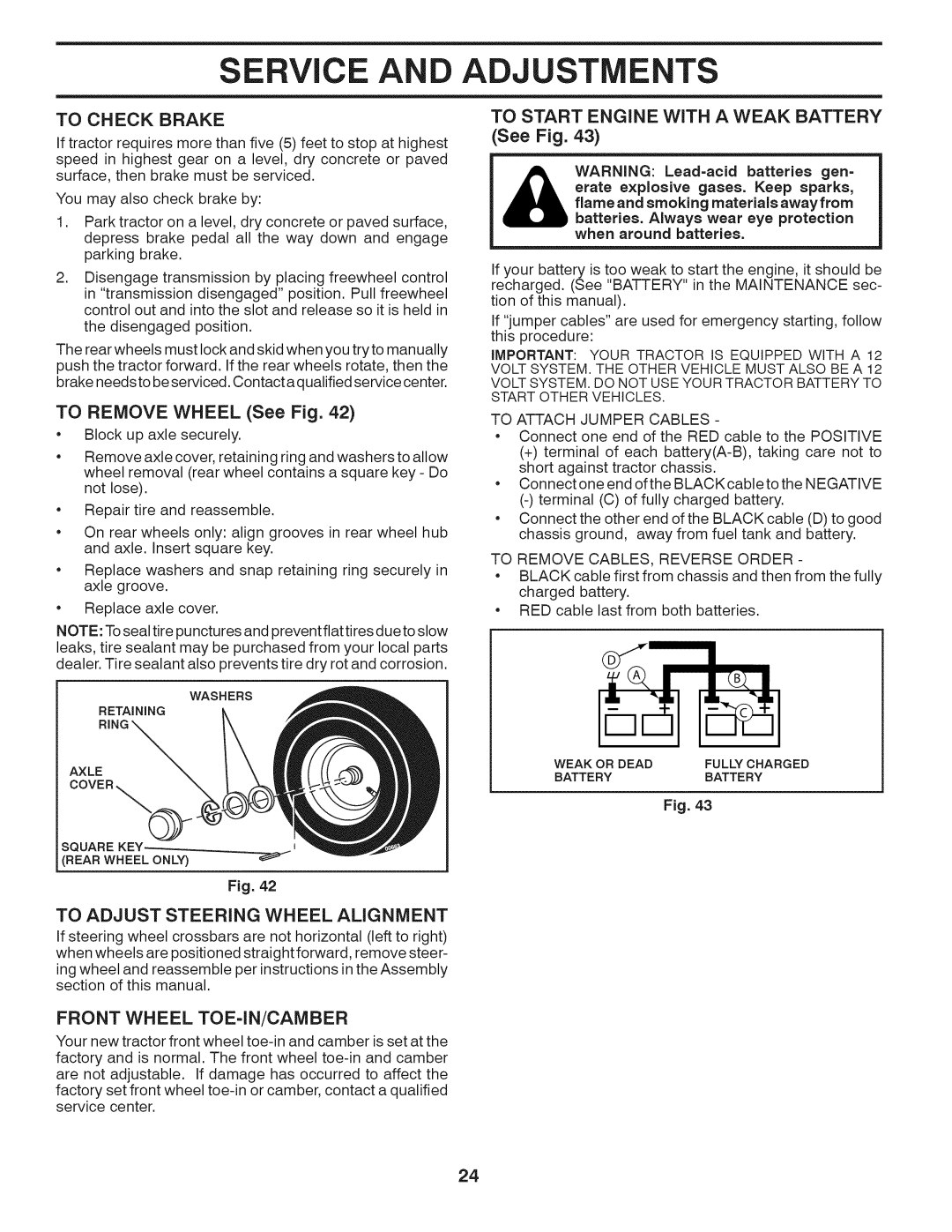 Husqvarna 240440 To Check Brake, To Remove Wheel See Fig, To Adjust Steering Wheel Alignment, Front Wheel TOE-IN/CAMBER 