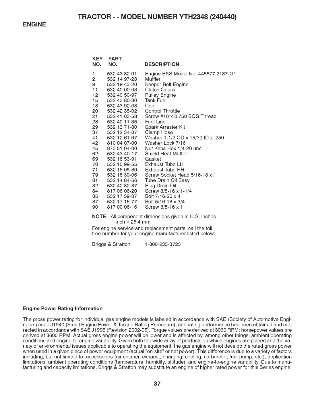 Husqvarna 240440 owner manual Tractor - Model Number YTH2348 Engine, DESCRiPTiON 