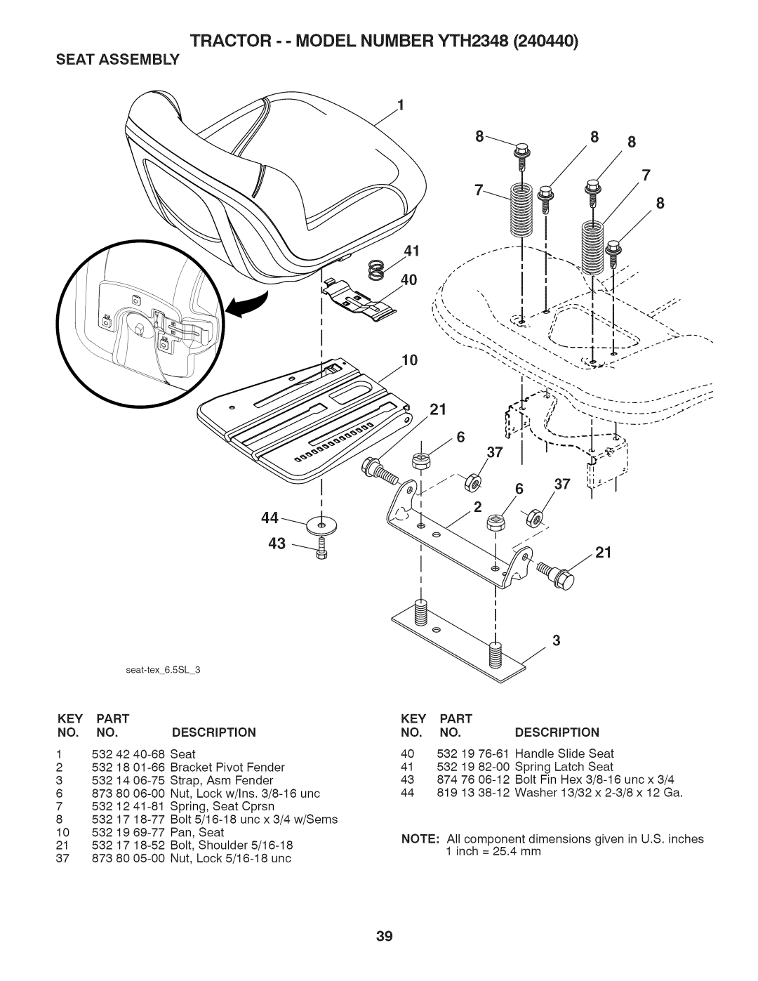 Husqvarna 240440 owner manual Seat Assembly, Description 