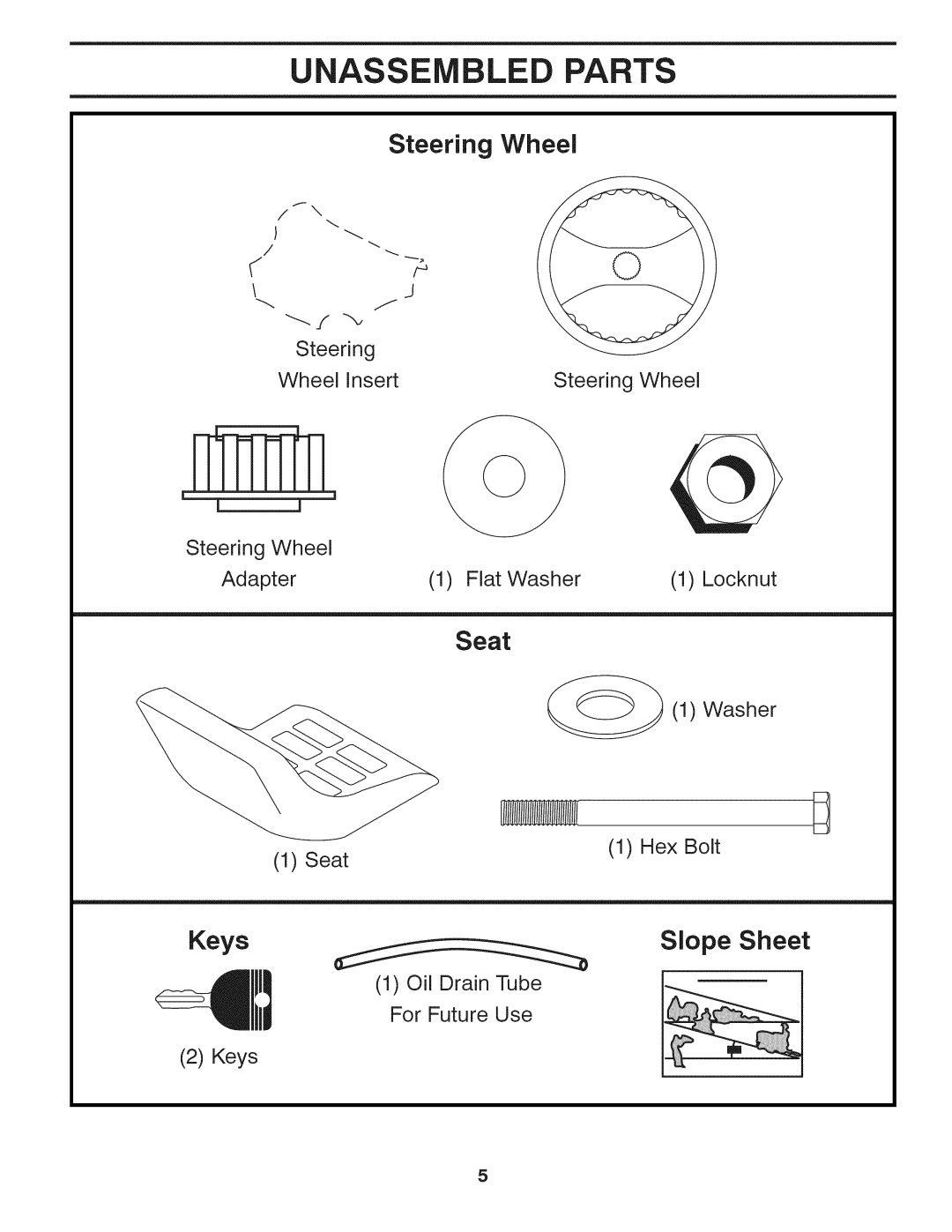 Husqvarna 240440 owner manual Unassembled Parts, Steering Wheel 