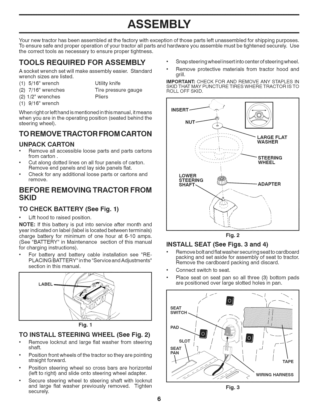 Husqvarna 240440 Tools Required for Assembly, To Remove Tractor from Carton, Before Removing Tractor from Skid 