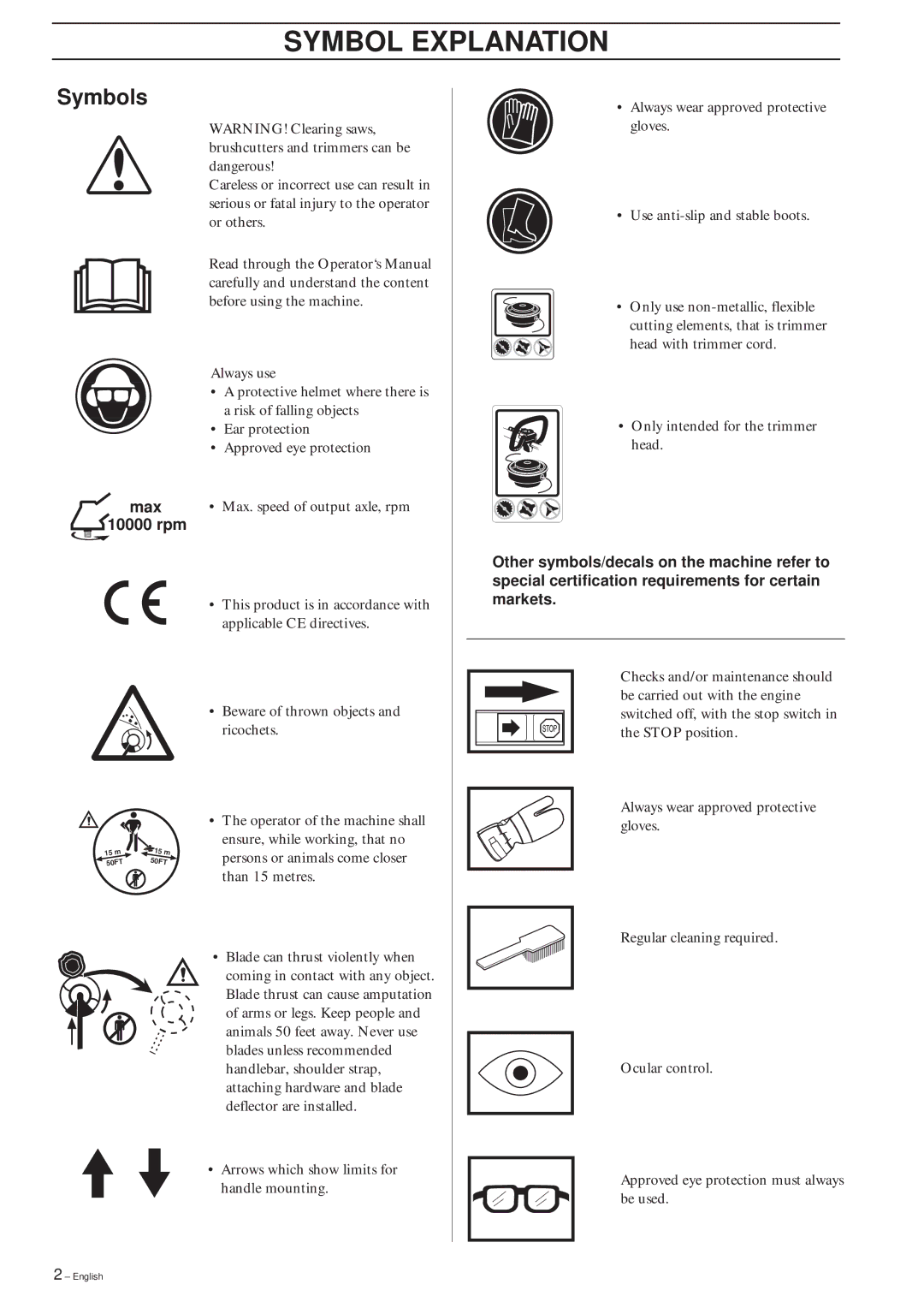 Husqvarna 240L, 232L, 227L/LD manual Symbol Explanation, Symbols, Max 10000 rpm 