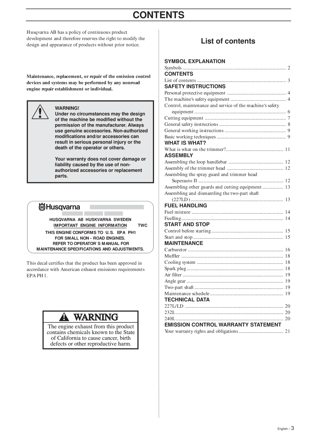 Husqvarna 240L, 232L, 227L/LD manual Contents 