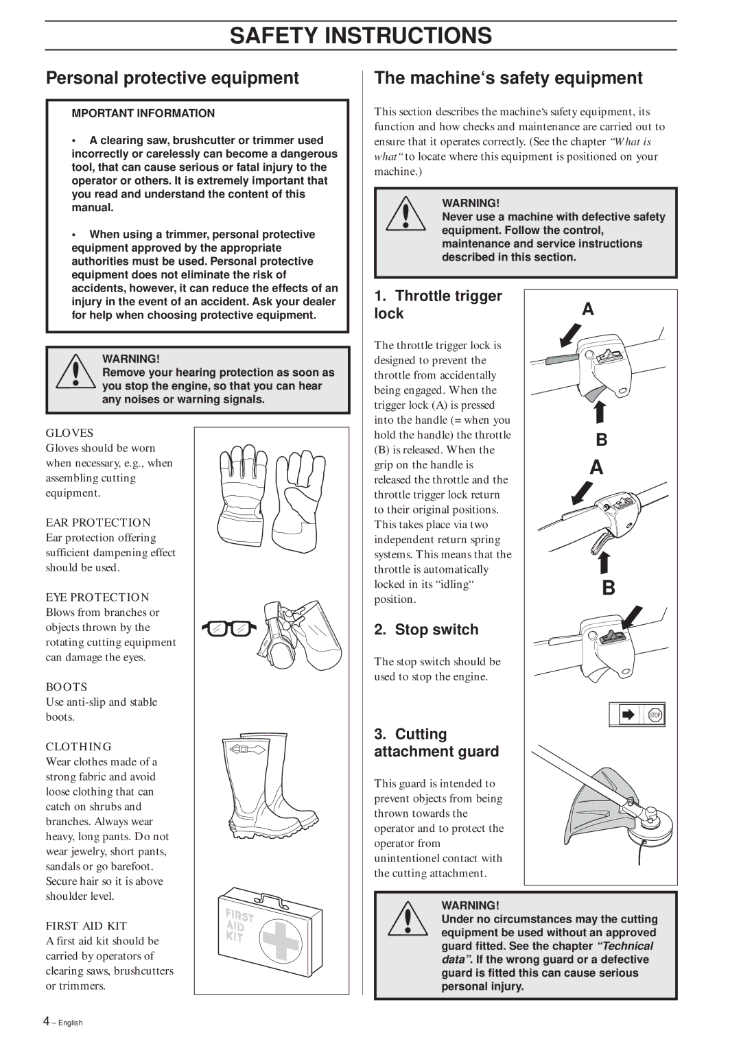 Husqvarna 240L, 232L, 227L/LD manual Safety Instructions, Personal protective equipment, Machine‘s safety equipment 