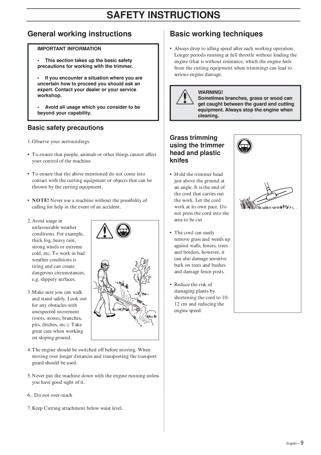 Husqvarna 240L, 232L, 227L/LD manual General working instructions, Basic working techniques, Basic safety precautions 