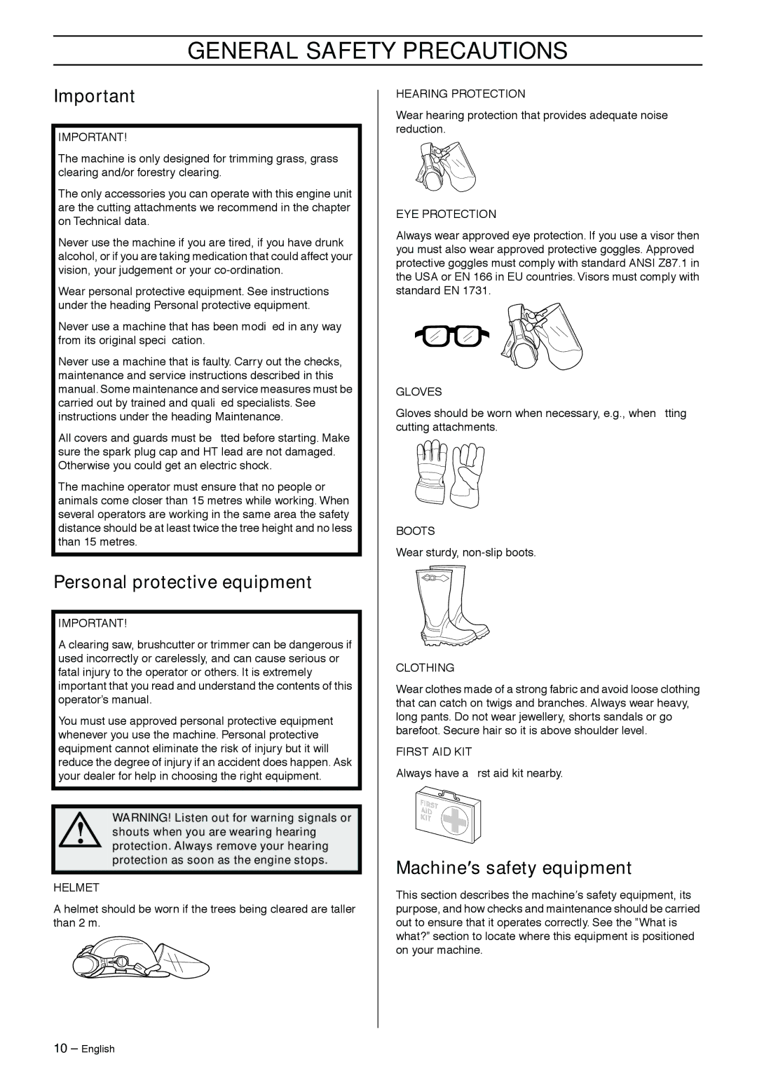 Husqvarna 240R, 240F, 265RX, 252RX General Safety Precautions, Personal protective equipment, Machine′s safety equipment 