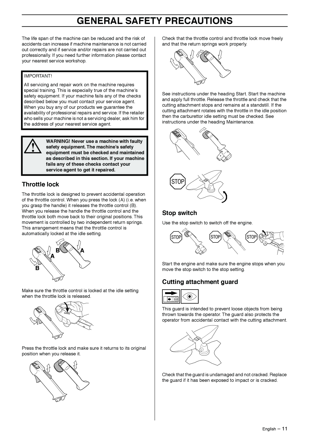 Husqvarna 240F, 240R, 265RX, 252RX, 250R manual Throttle lock, Stop switch, Cutting attachment guard 