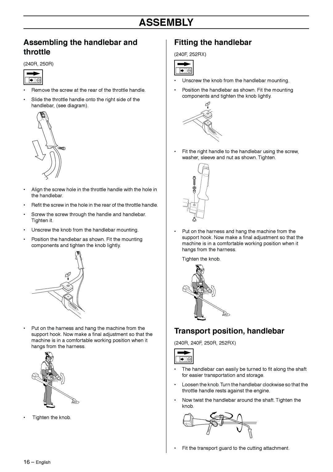 Husqvarna 240F, 240R Assembly, Assembling the handlebar and throttle, Fitting the handlebar, Transport position, handlebar 