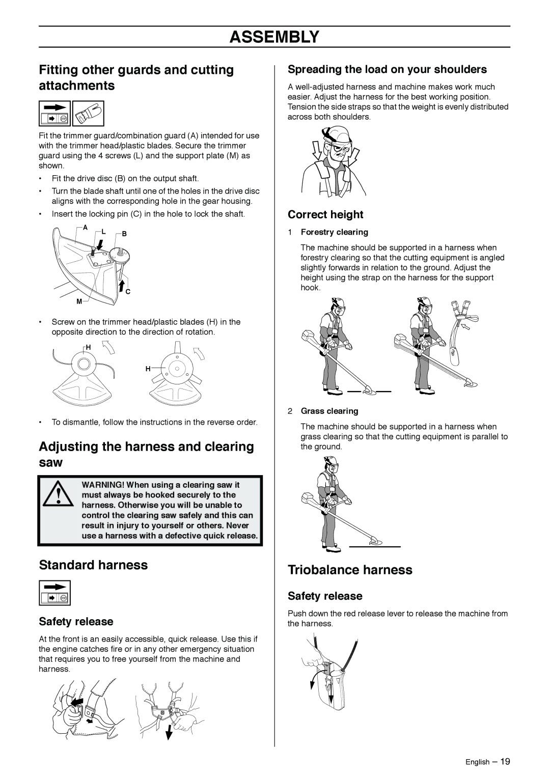 Husqvarna 250R Fitting other guards and cutting attachments, Adjusting the harness and clearing saw, Standard harness 