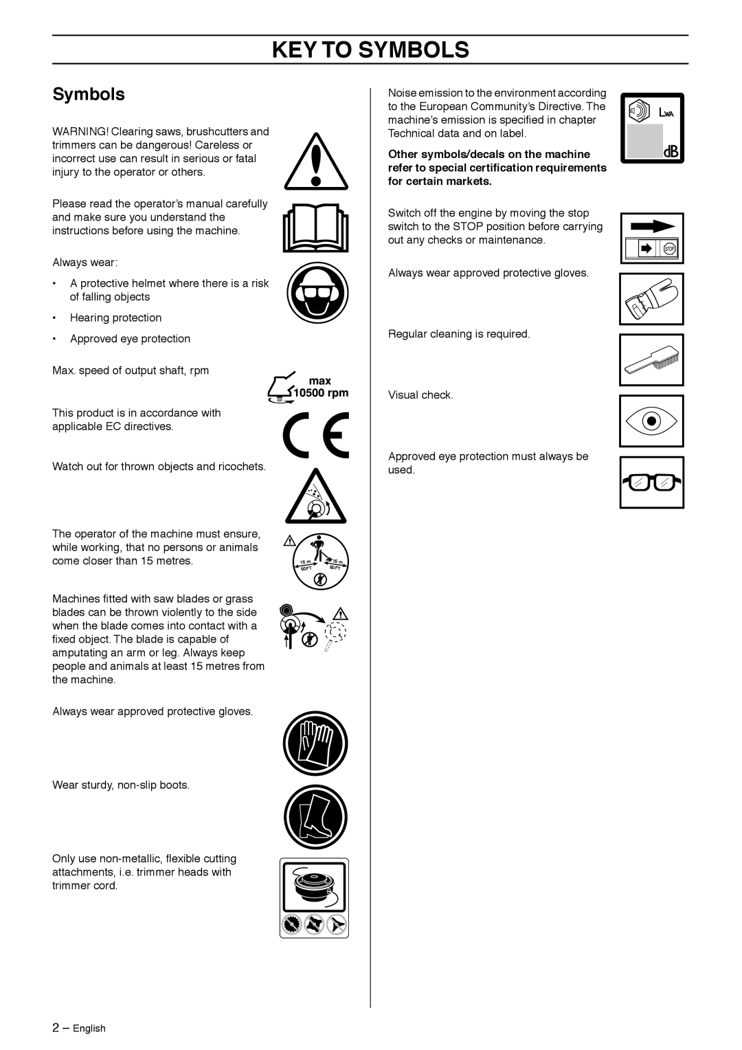 Husqvarna 265RX, 240R, 240F, 252RX, 250R manual KEY to Symbols 