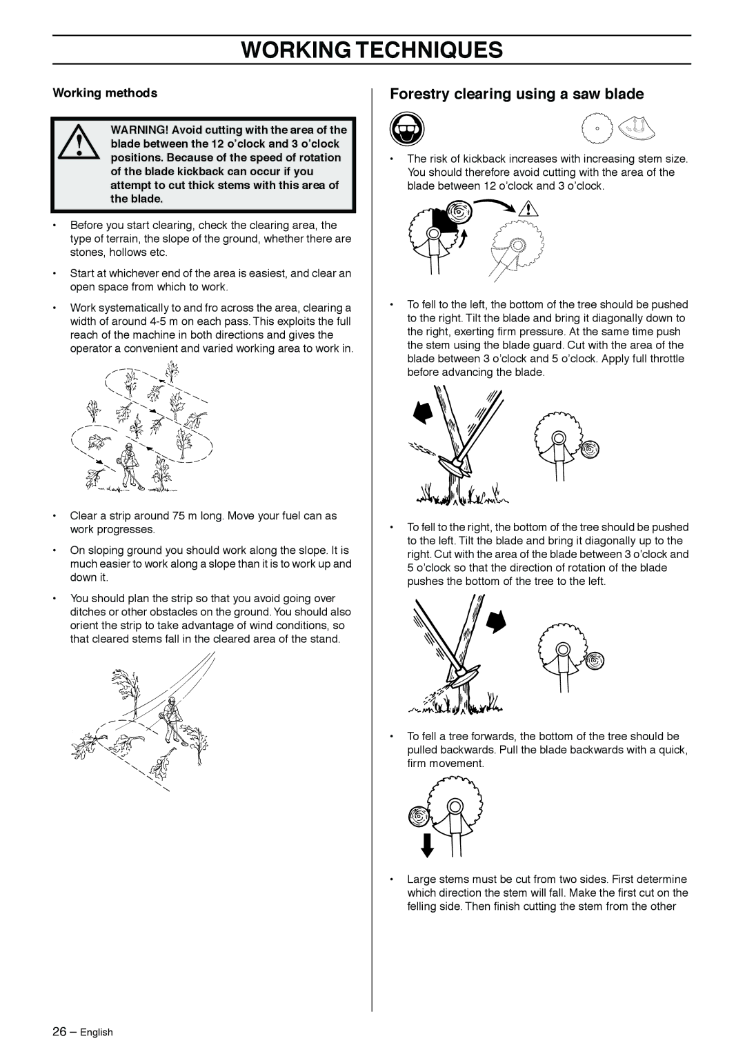 Husqvarna 240F, 240R, 265RX, 252RX, 250R manual Forestry clearing using a saw blade, Working methods 
