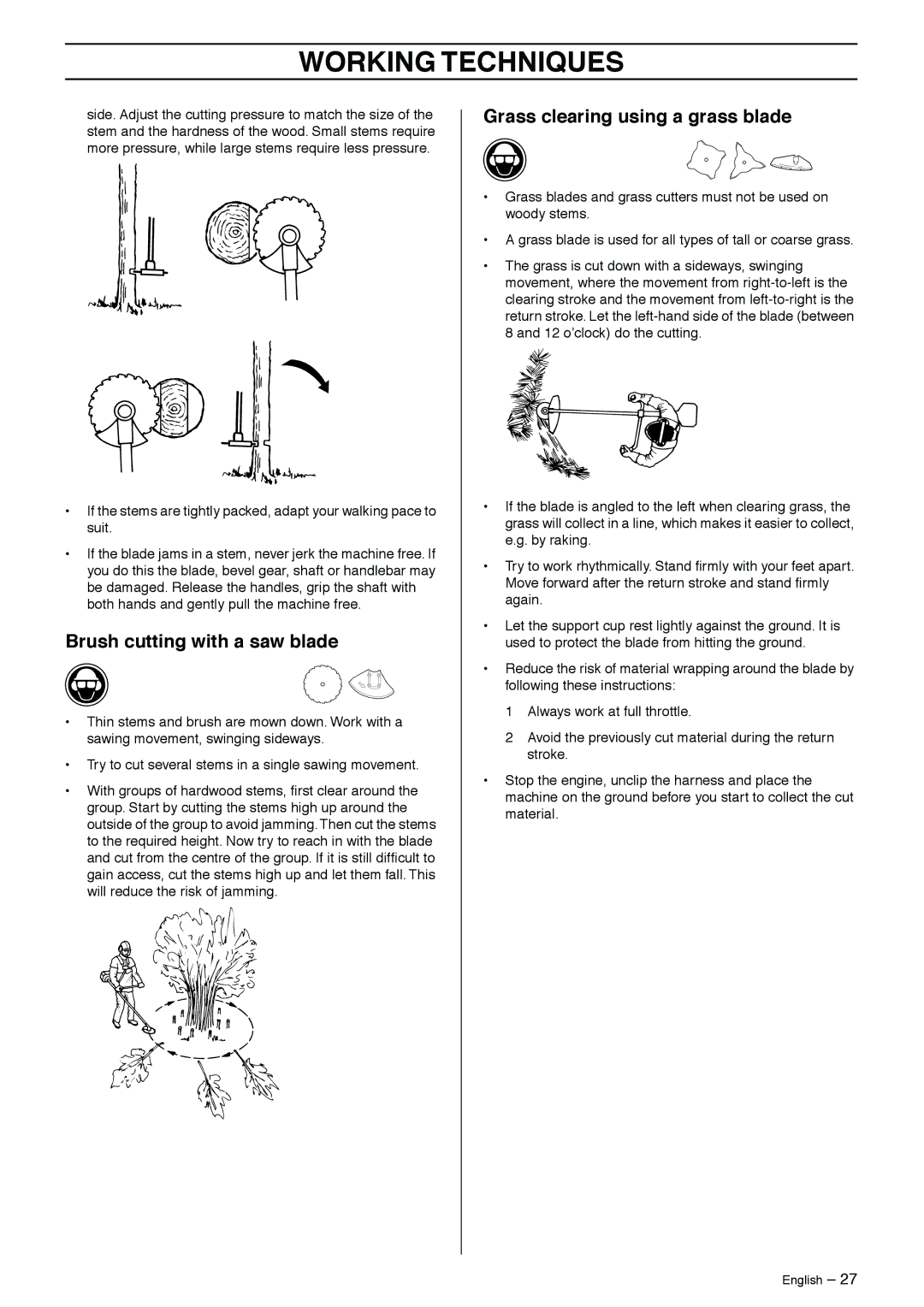 Husqvarna 265RX, 240R, 240F, 252RX, 250R manual Brush cutting with a saw blade, Grass clearing using a grass blade 