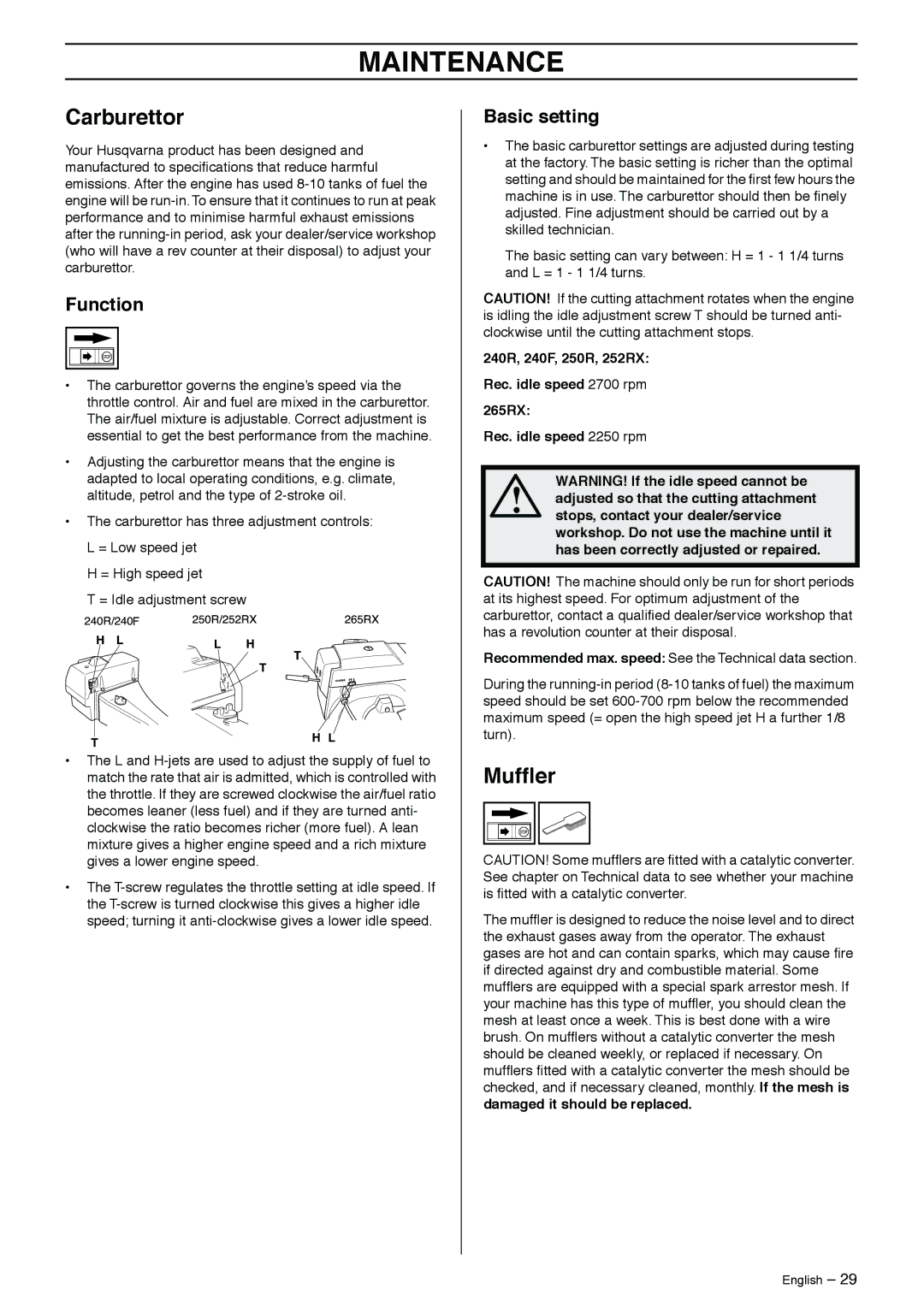 Husqvarna 250R, 240R, 240F, 265RX, 252RX manual Maintenance, Carburettor, Mufﬂer, Function, Basic setting 