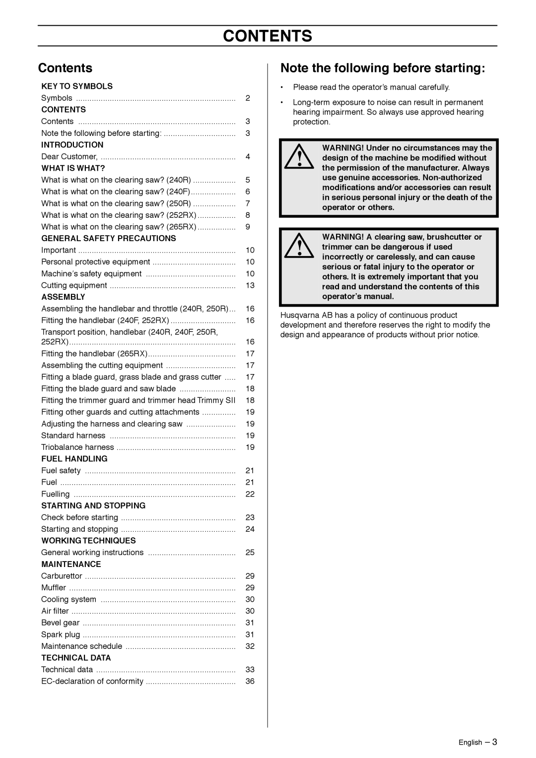 Husqvarna 252RX, 240R, 240F, 265RX, 250R manual Contents 