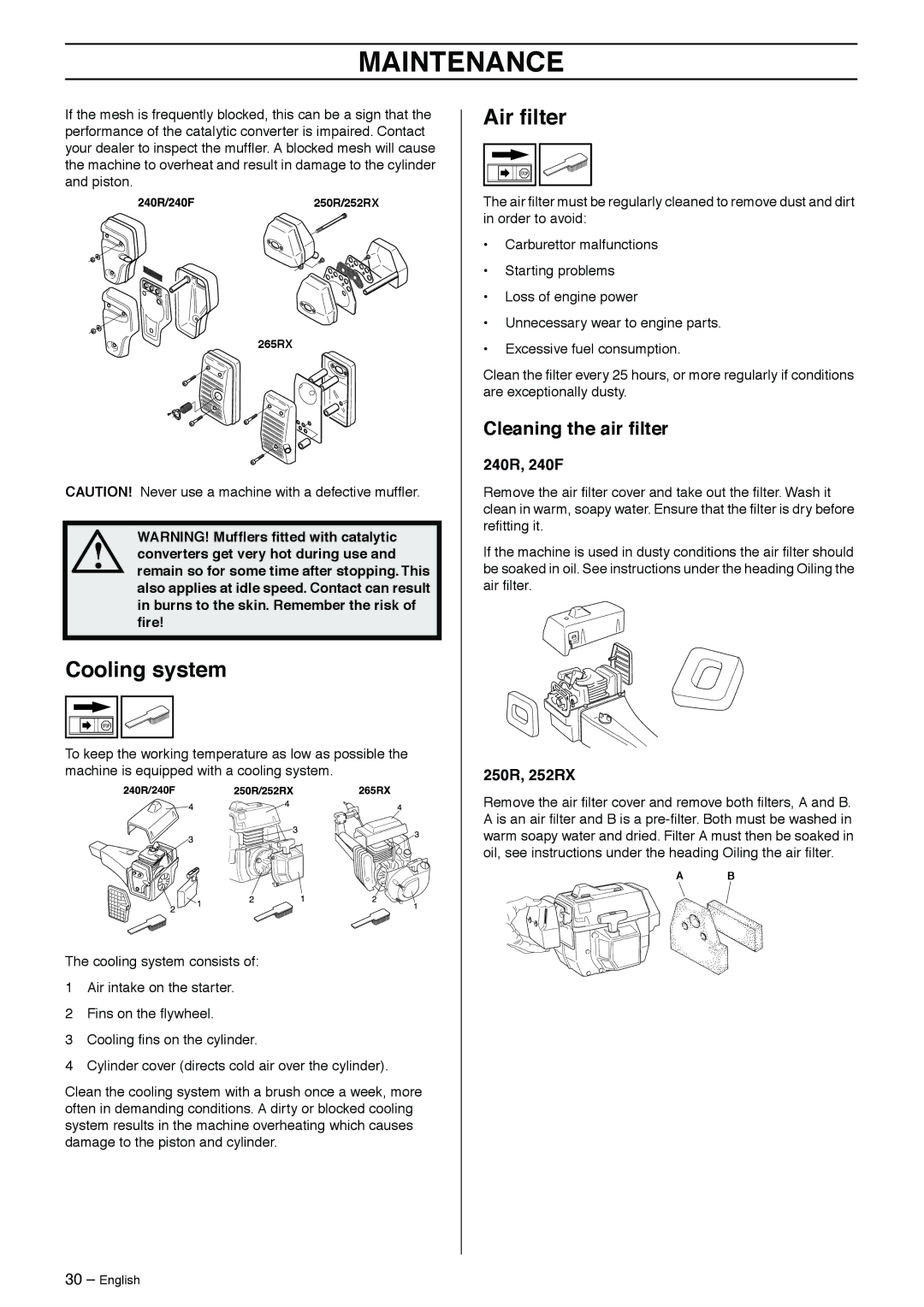 Husqvarna 240R, 240F, 265RX, 252RX, 250R manual Cooling system, Air ﬁlter, Cleaning the air ﬁlter 