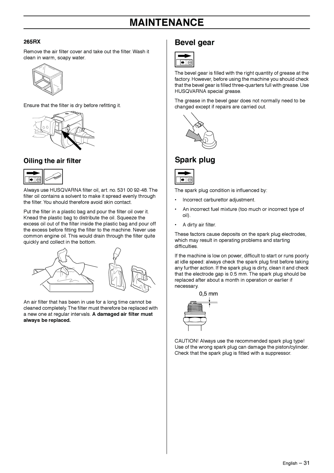 Husqvarna 240F, 240R, 265RX, 252RX, 250R manual Bevel gear, Spark plug, Oiling the air ﬁlter 