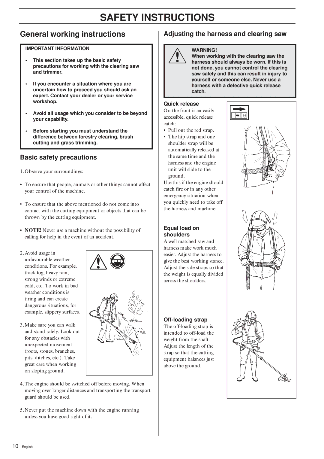 Husqvarna 240RBD manual General working instructions, Basic safety precautions, Adjusting the harness and clearing saw 