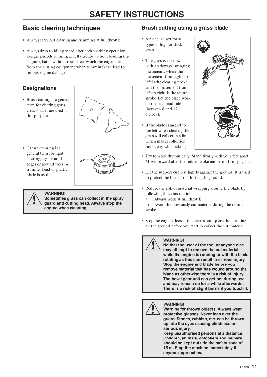 Husqvarna 240RBD manual Basic clearing techniques, Designations, Brush cutting using a grass blade 