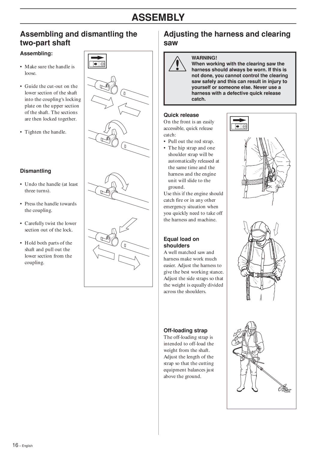 Husqvarna 240RBD manual Assembling and dismantling the two-part shaft, Adjusting the harness and clearing saw 