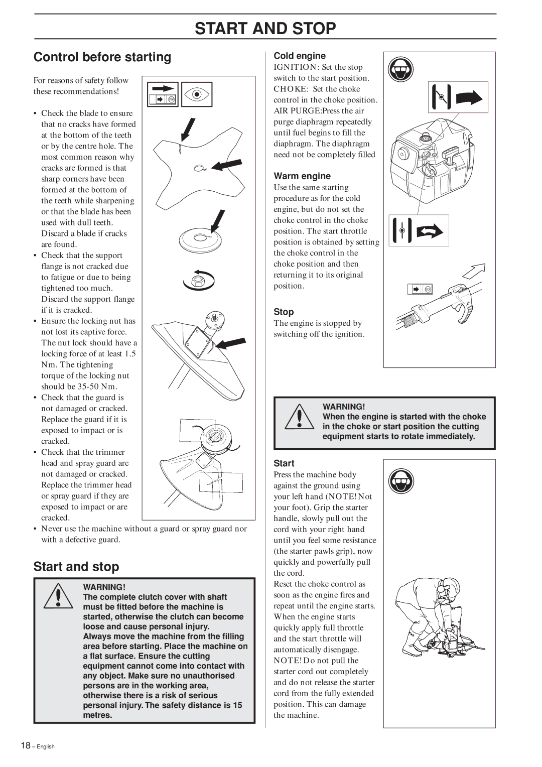 Husqvarna 240RBD manual Start and Stop, Control before starting, Start and stop 