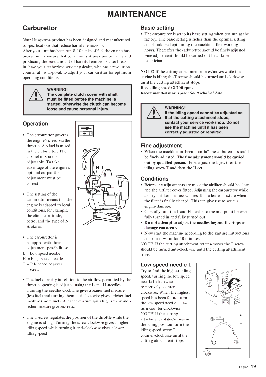 Husqvarna 240RBD manual Maintenance, Carburettor 