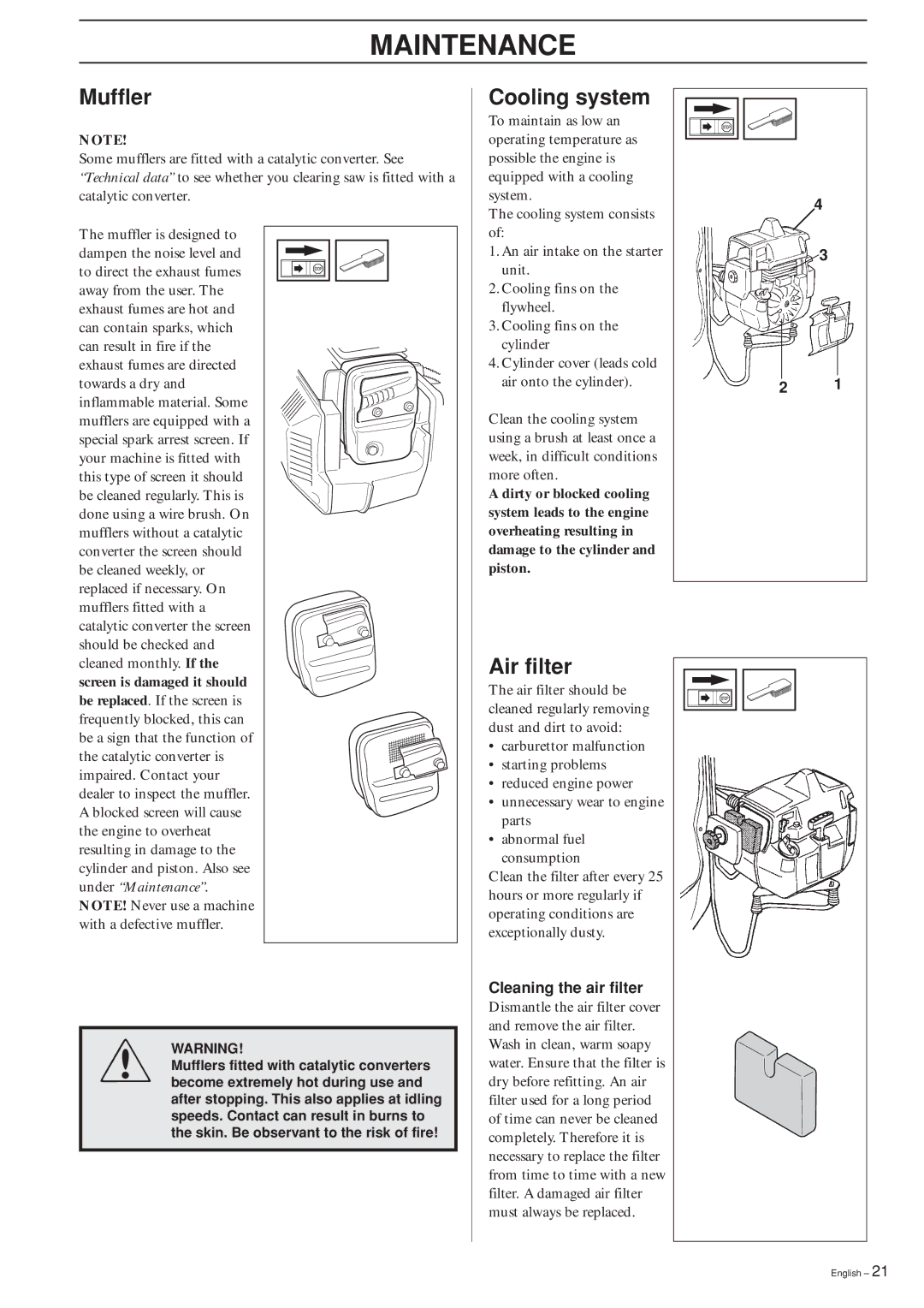 Husqvarna 240RBD manual Muffler, Cooling system, Air filter 