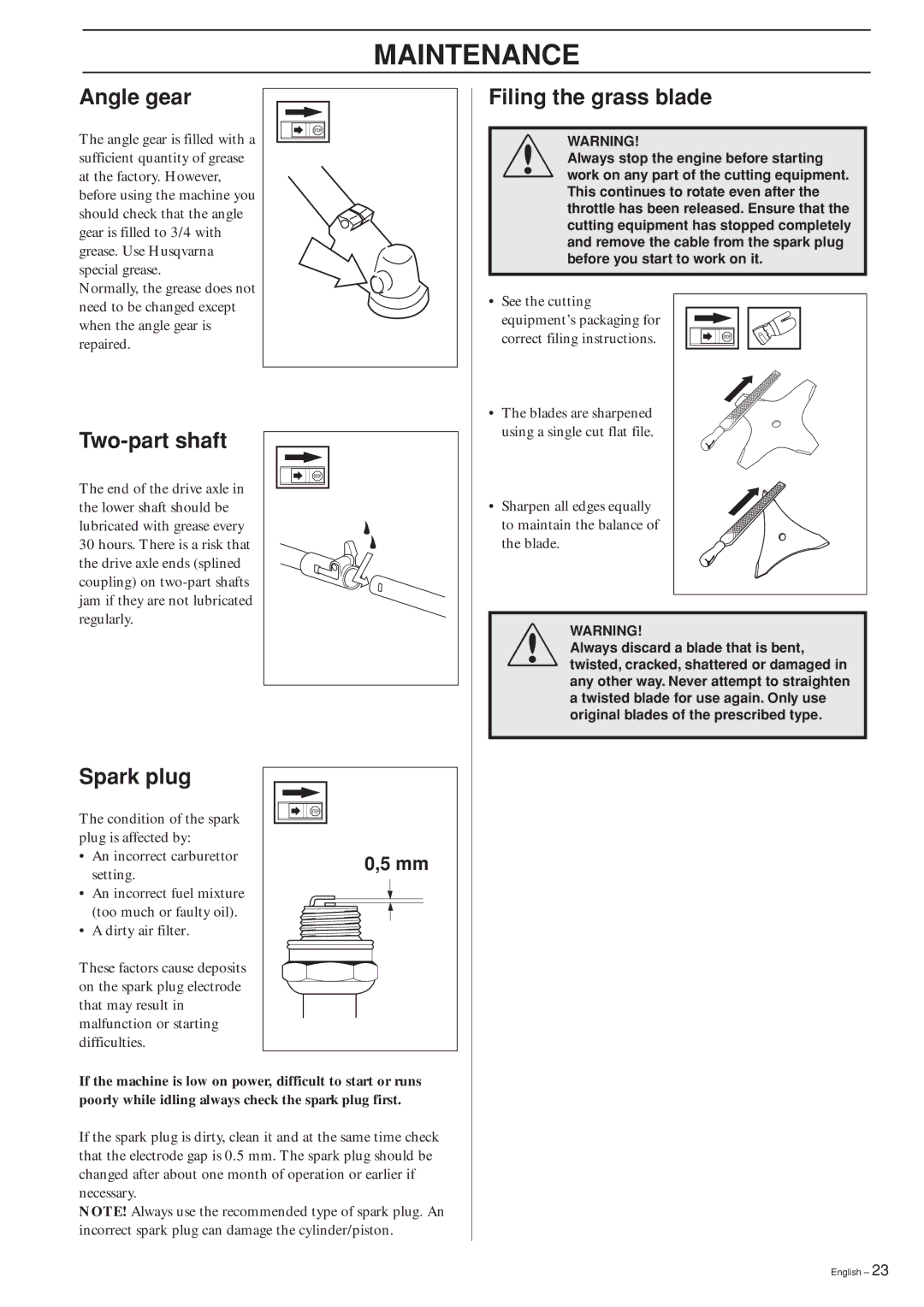 Husqvarna 240RBD manual Angle gear, Two-part shaft, Filing the grass blade, Spark plug 