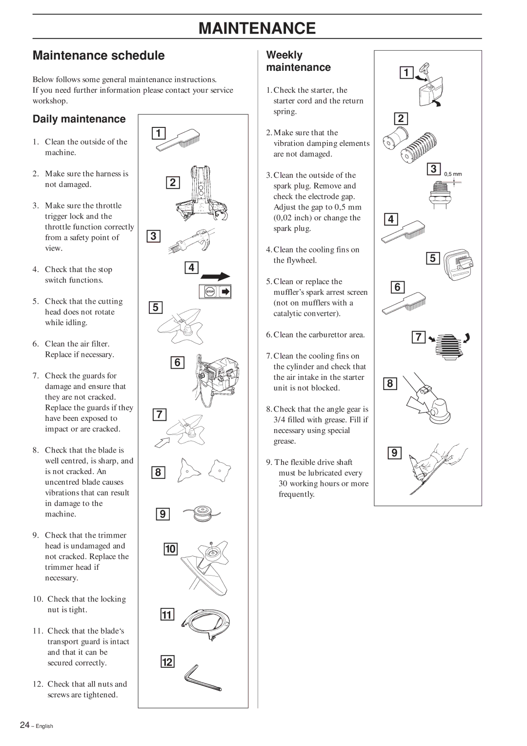 Husqvarna 240RBD manual Maintenance schedule, Weekly maintenance, Daily maintenance 