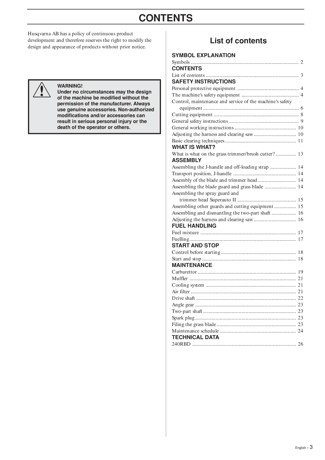 Husqvarna 240RBD manual Contents 