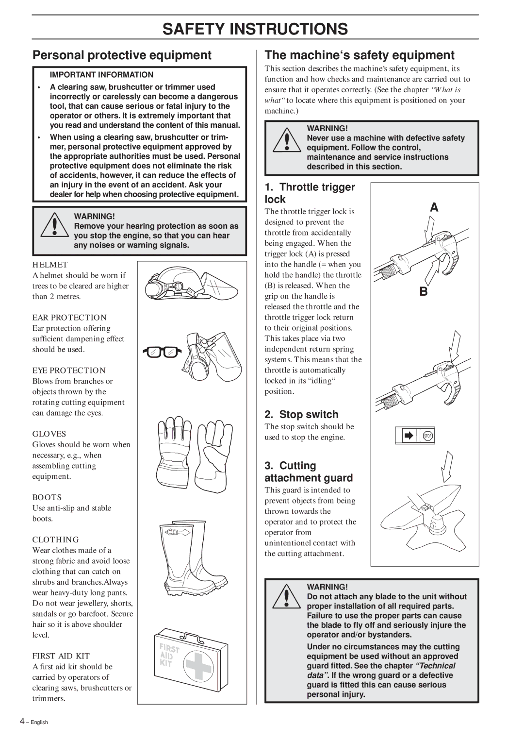 Husqvarna 240RBD manual Safety Instructions, Personal protective equipment, Machine‘s safety equipment 