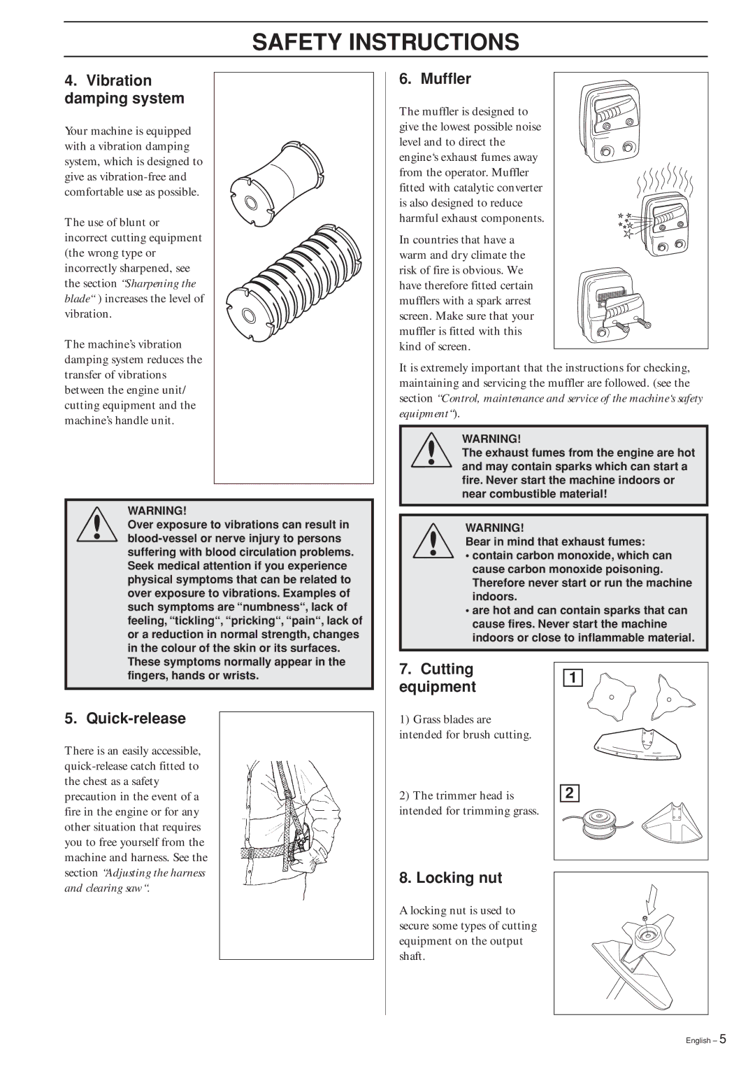 Husqvarna 240RBD manual Vibration damping system, Quick-release, Muffler, Cutting Equipment, Locking nut 