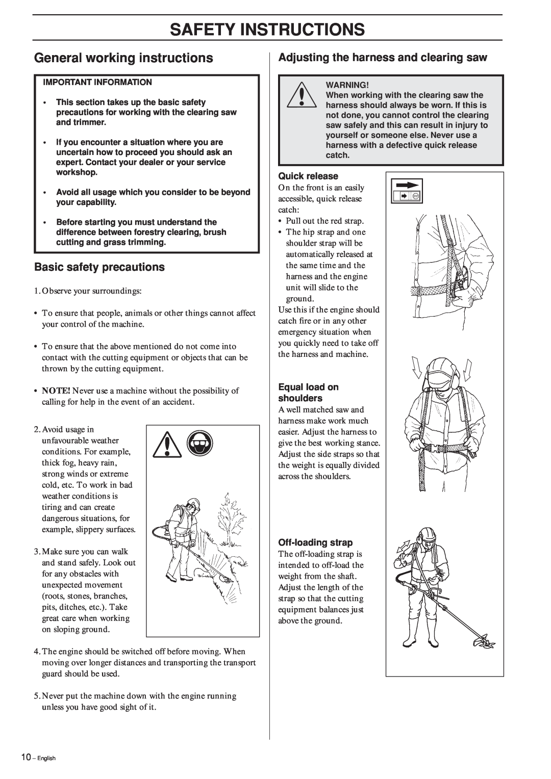 Husqvarna 240RBD manual General working instructions, Basic safety precautions, Adjusting the harness and clearing saw 