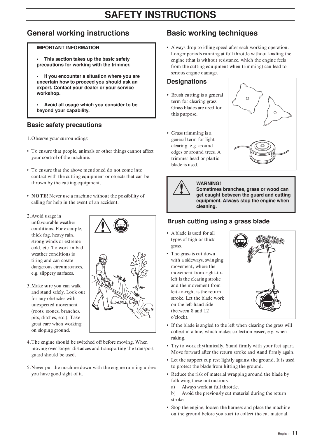 Husqvarna 232RJ, 240RJ manual General working instructions, Basic working techniques, Basic safety precautions, Designations 