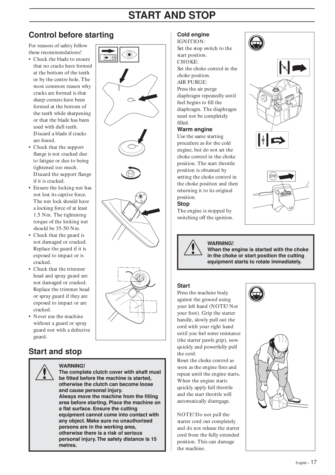 Husqvarna 232RJ, 240RJ, 227RJ manual Start and Stop, Control before starting, Start and stop 