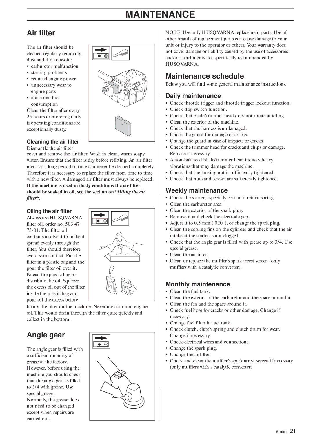 Husqvarna 240RJ, 227RJ, 232RJ manual Air filter, Angle gear, Maintenance schedule 