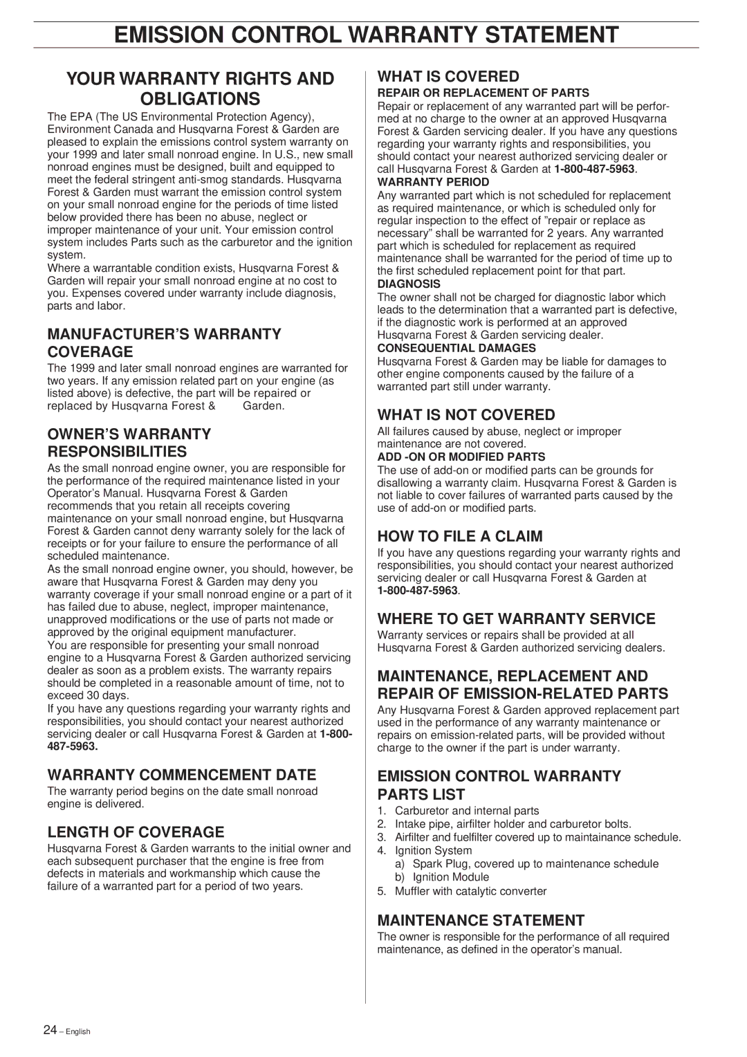 Husqvarna 240RJ, 227RJ, 232RJ manual Emission Control Warranty Statement, Your Warranty Rights Obligations 