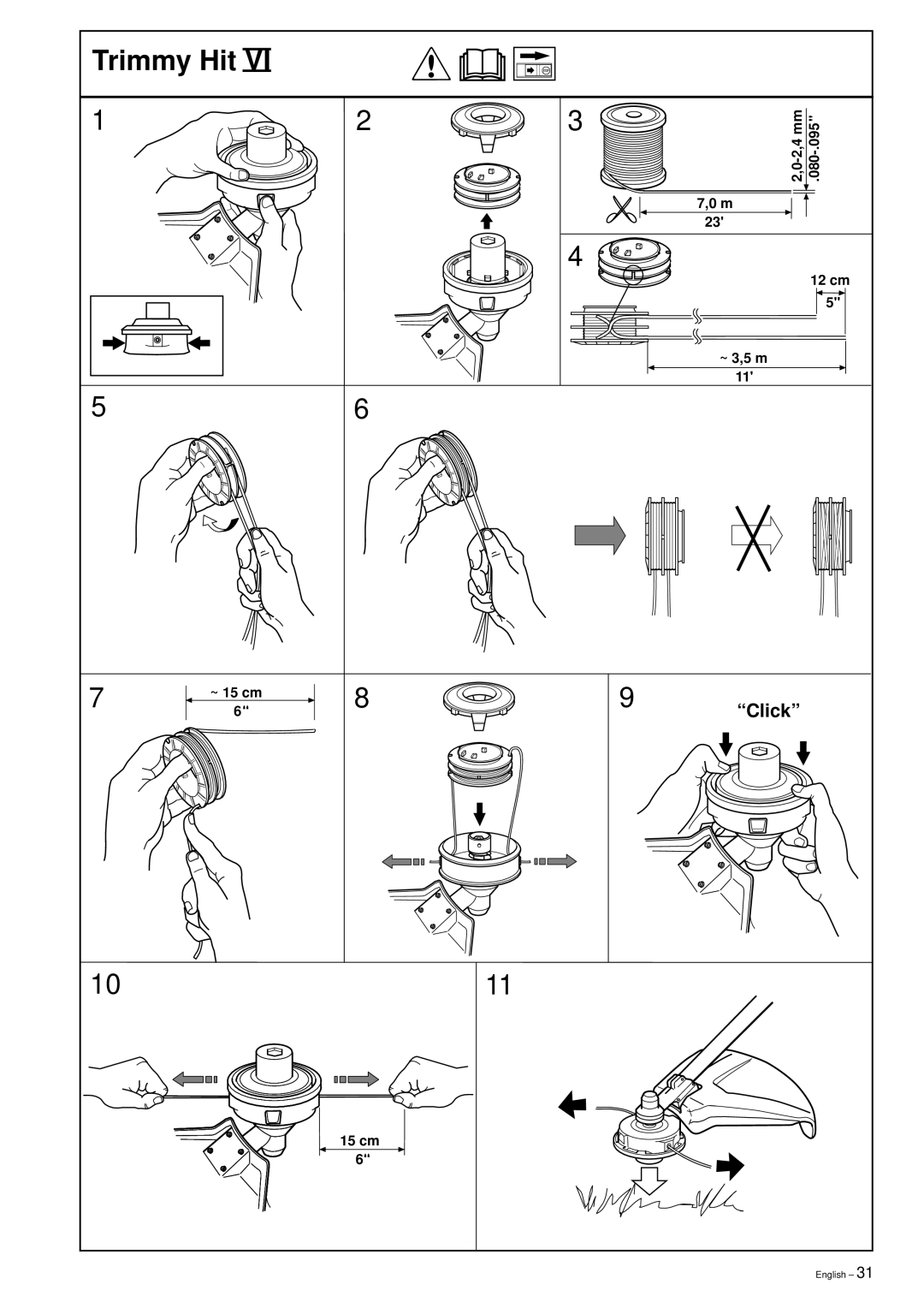 Husqvarna 227RJ, 240RJ, 232RJ manual 2,4 mm 080-.095 12 cm ~ 3,5 m 