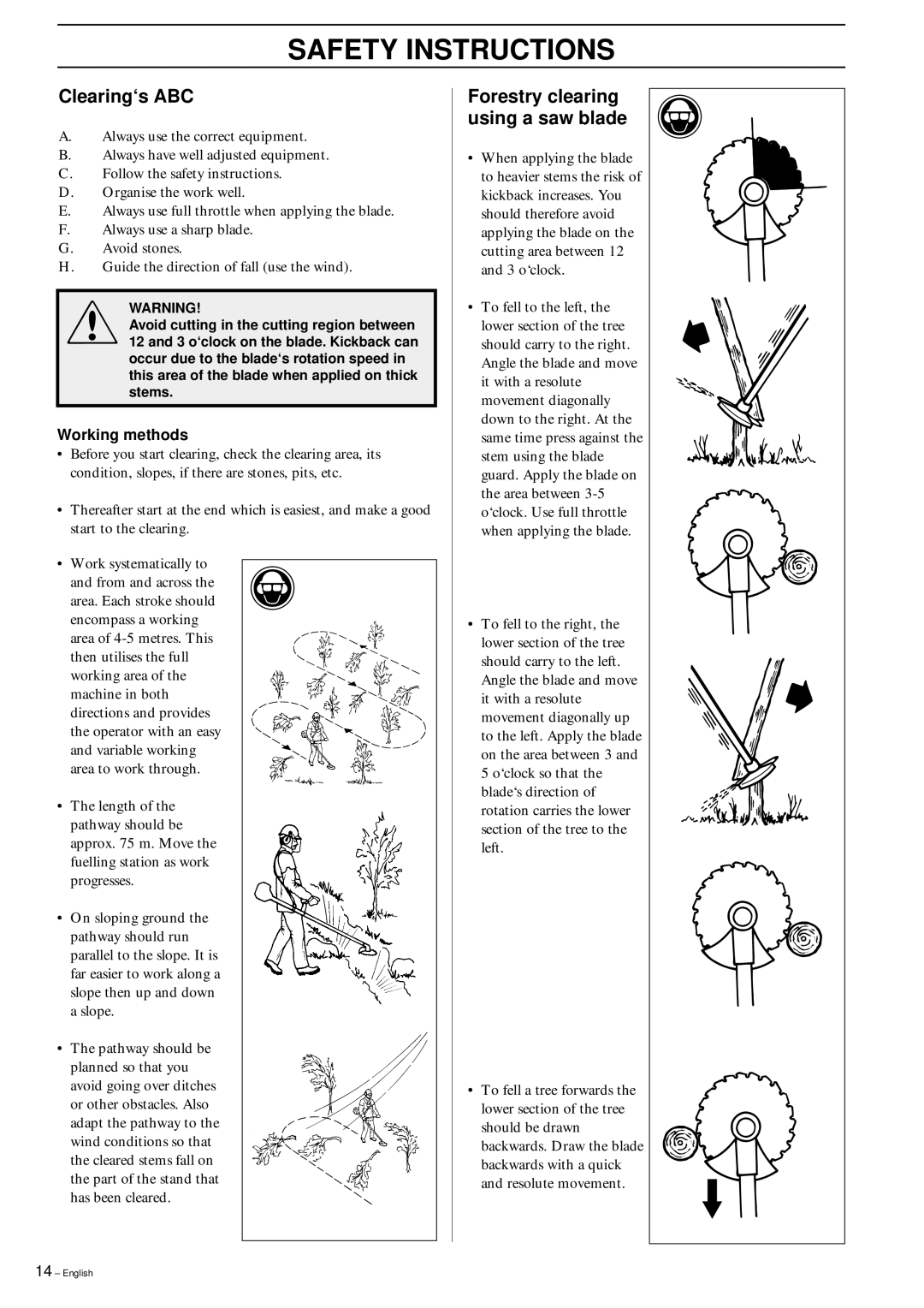 Husqvarna 245R/RX, 245 RX manual Clearing‘s ABC, Forestry clearing using a saw blade, Working methods 