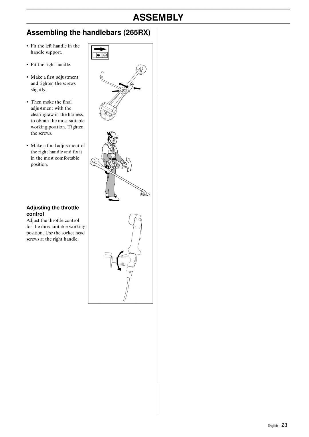 Husqvarna 245 RX, 245R/RX manual Assembling the handlebars 265RX, Adjusting the throttle control 