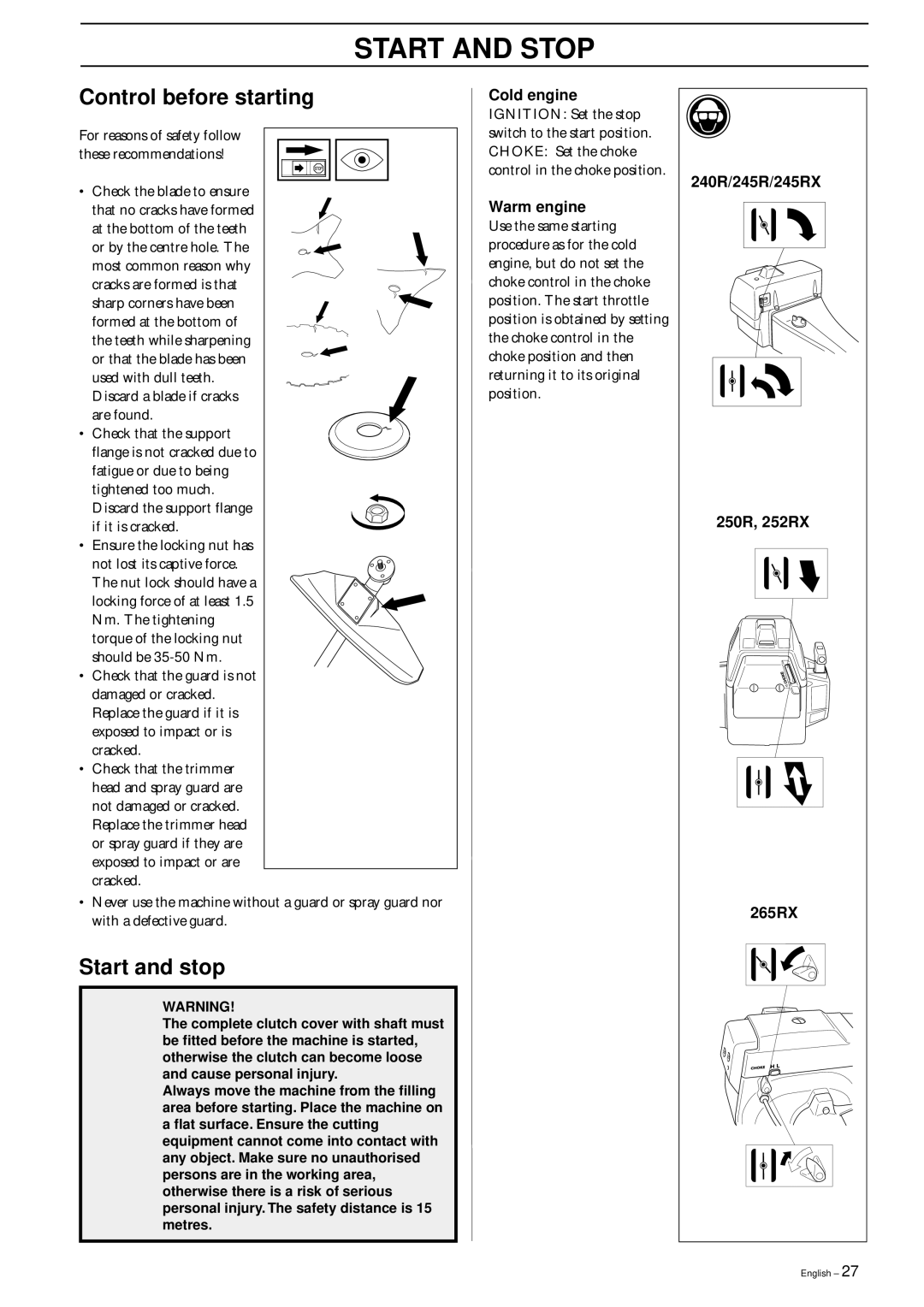 Husqvarna 245 RX, 245R/RX manual Start and Stop, Control before starting, Start and stop 