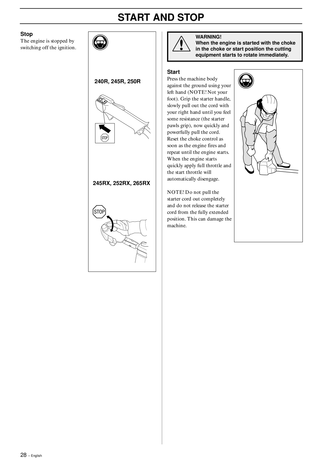 Husqvarna 245R/RX, 245 RX manual Stop, 240R, 245R, 250R, 245RX, 252RX, 265RX, Start 