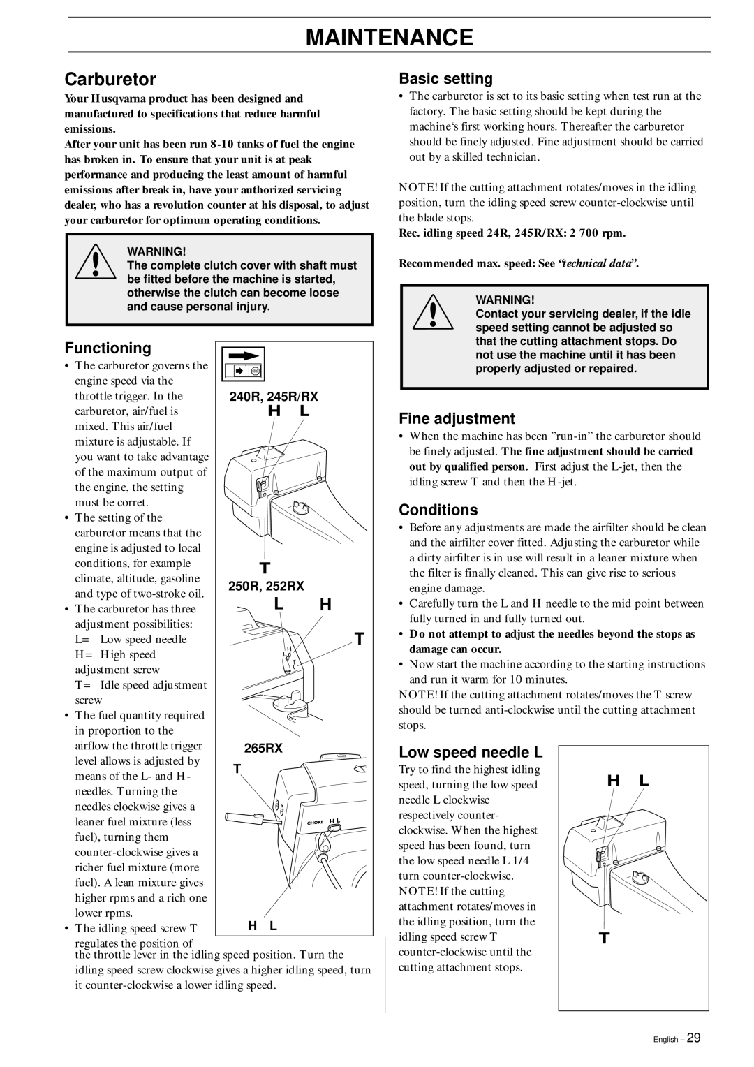 Husqvarna 245 RX, 245R/RX manual Maintenance, Carburetor 