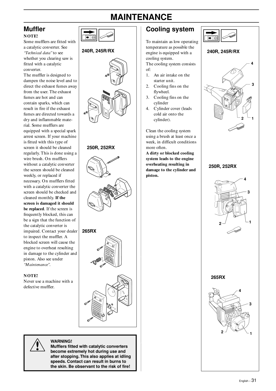 Husqvarna 245 RX manual Muffler, Cooling system, 240R, 245R/RX 250R, 252RX 265RX 