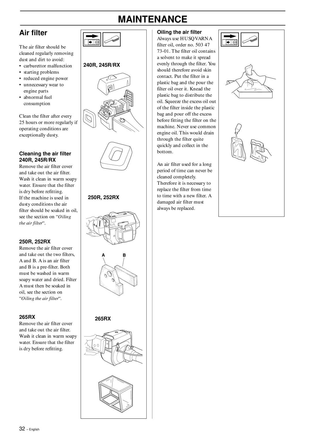 Husqvarna 245 RX manual Air filter, 240R, 245R/RX 250R, 252RX 265RX Oiling the air filter 