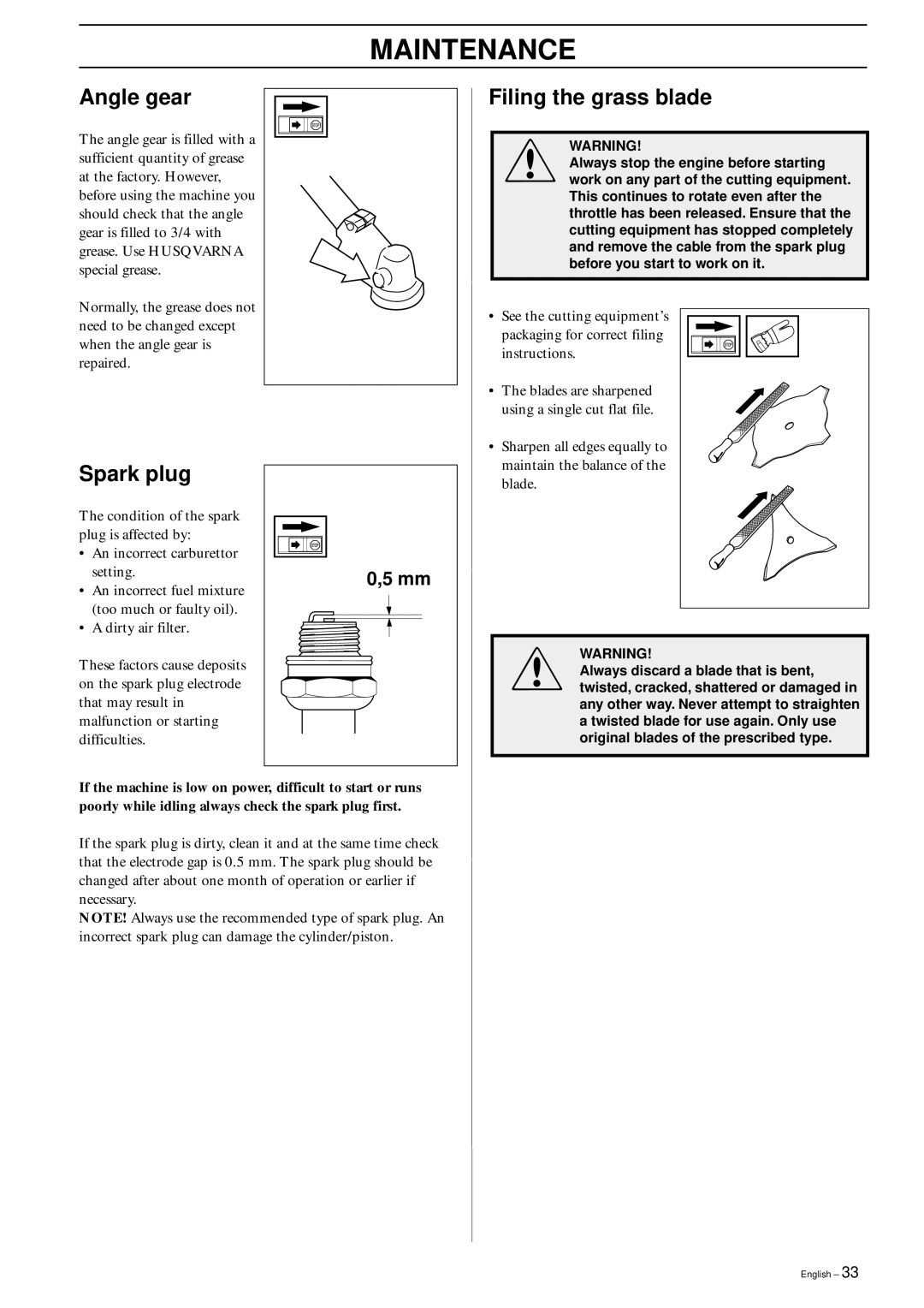 Husqvarna 245 RX, 245R/RX manual Angle gear, Filing the grass blade, Spark plug 