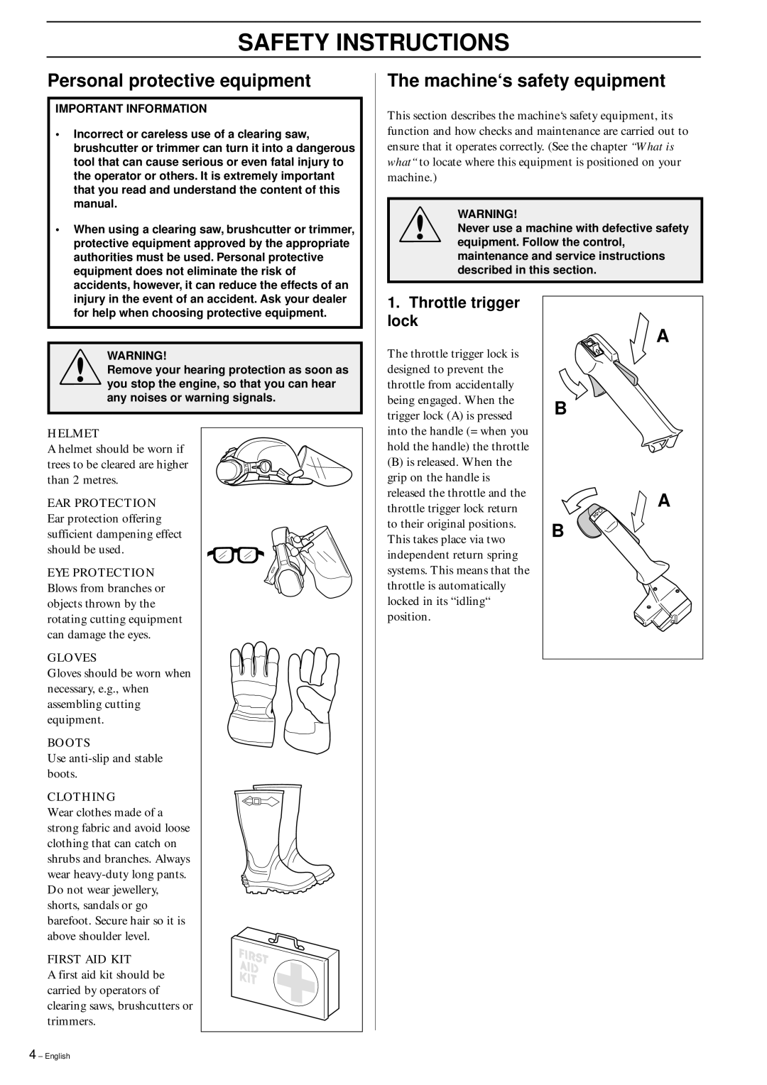 Husqvarna 245R/RX Safety Instructions, Personal protective equipment, Machine‘s safety equipment, Throttle trigger lock 