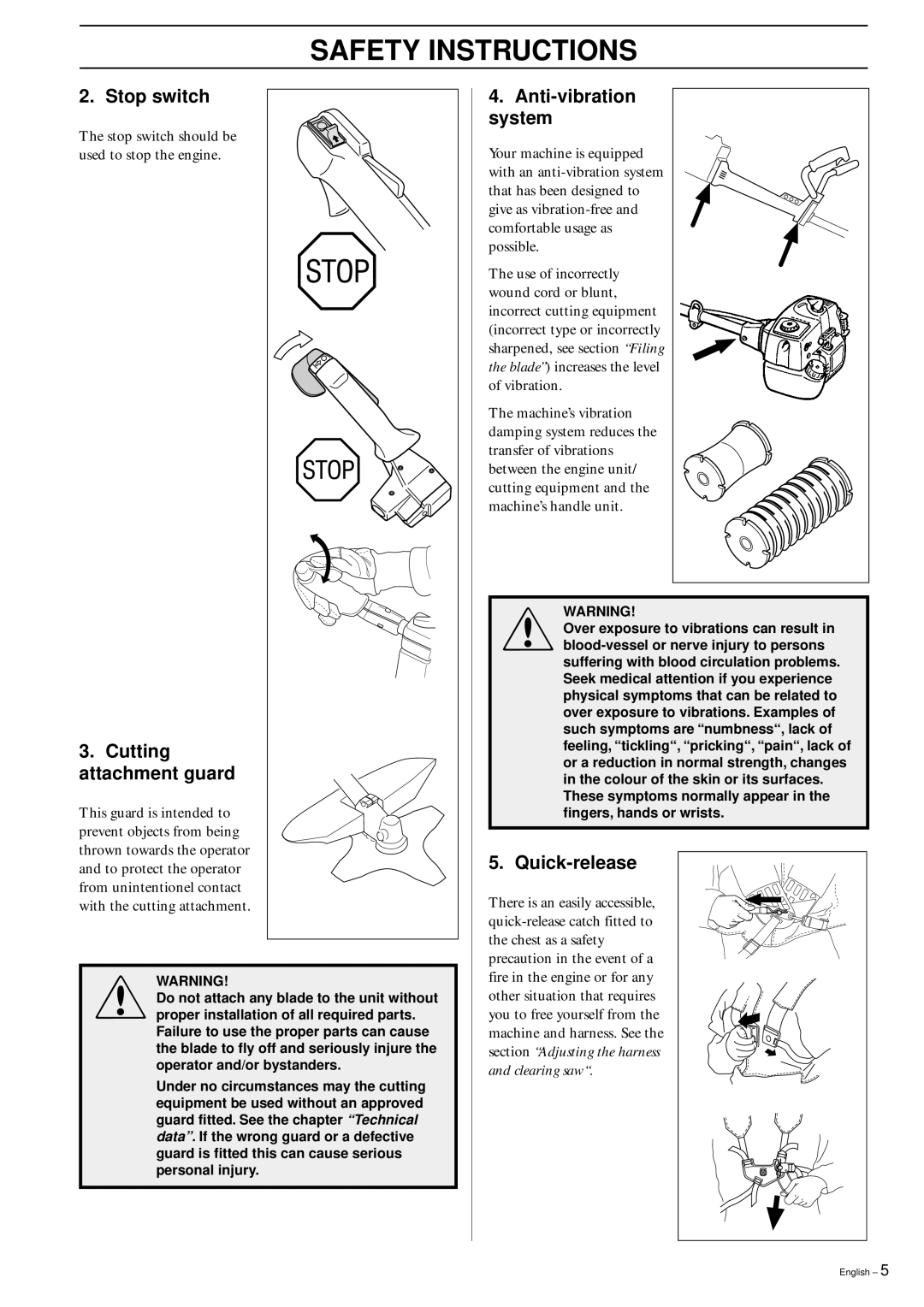 Husqvarna 245 RX, 245R/RX manual Stop switch, Cutting attachment guard, Anti-vibration system, Quick-release 