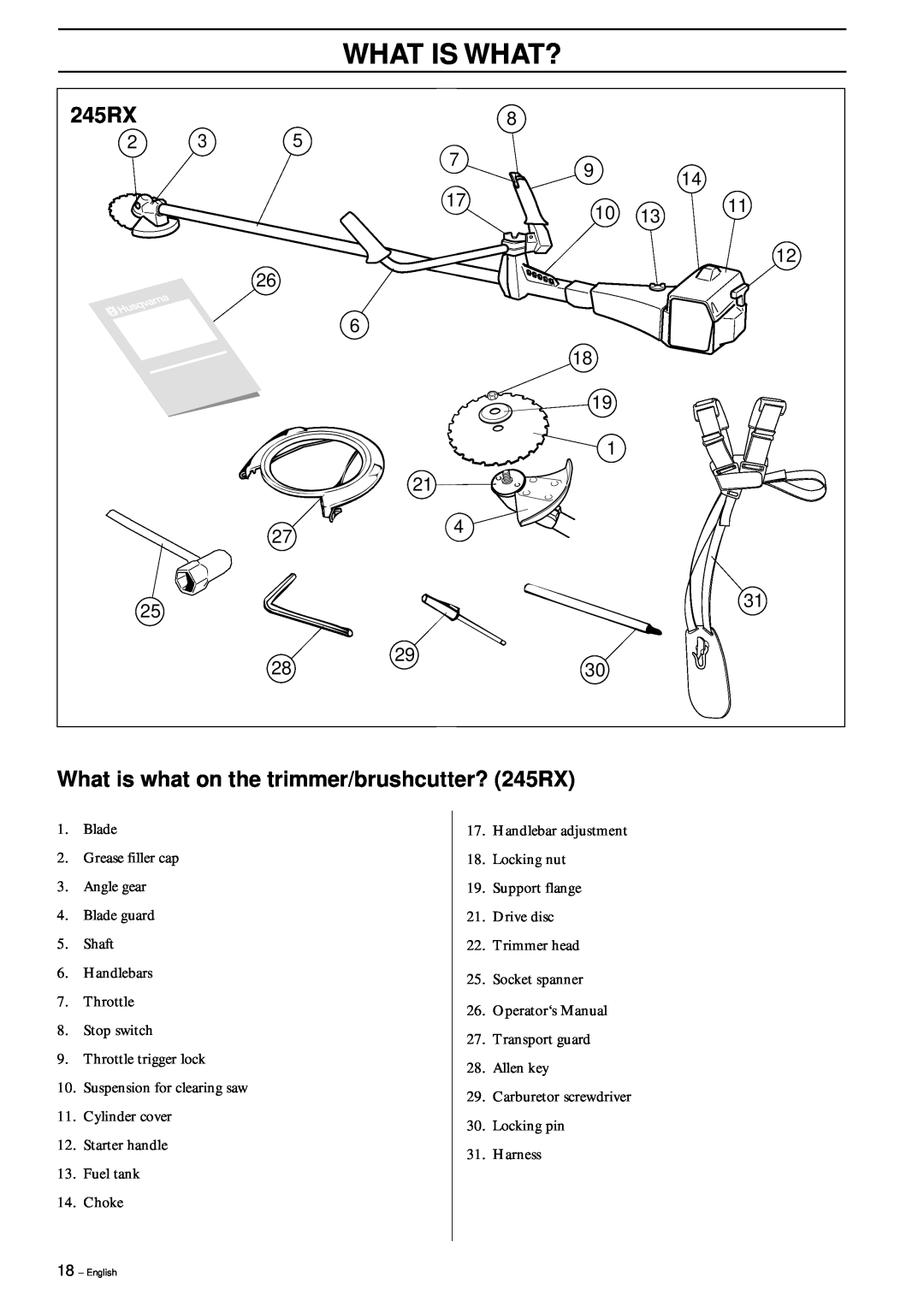 Husqvarna 245R/RX, 245 RX manual What is what on the trimmer/brushcutter? 245RX, What Is What? 