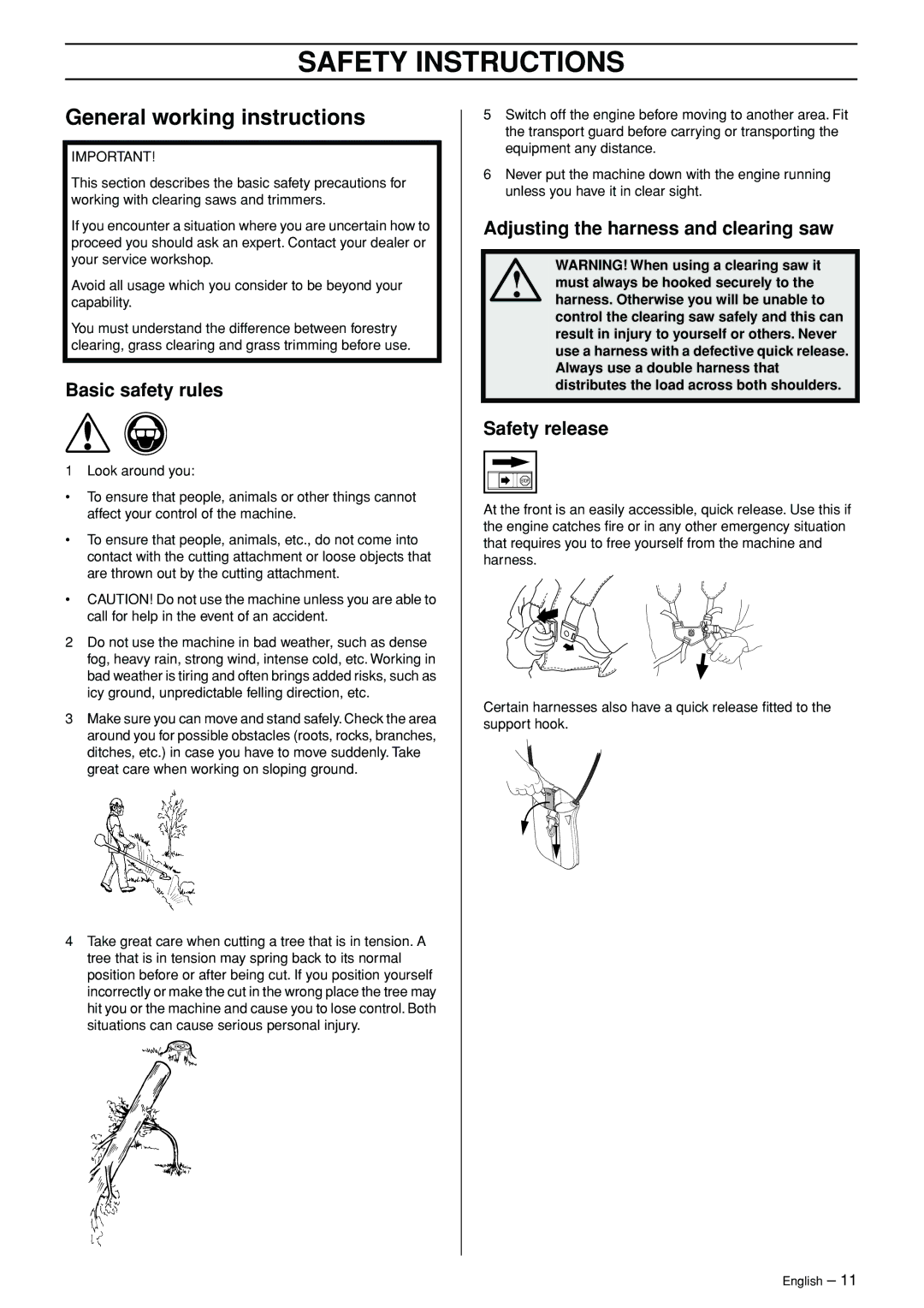 Husqvarna 245R General working instructions, Basic safety rules, Adjusting the harness and clearing saw, Safety release 